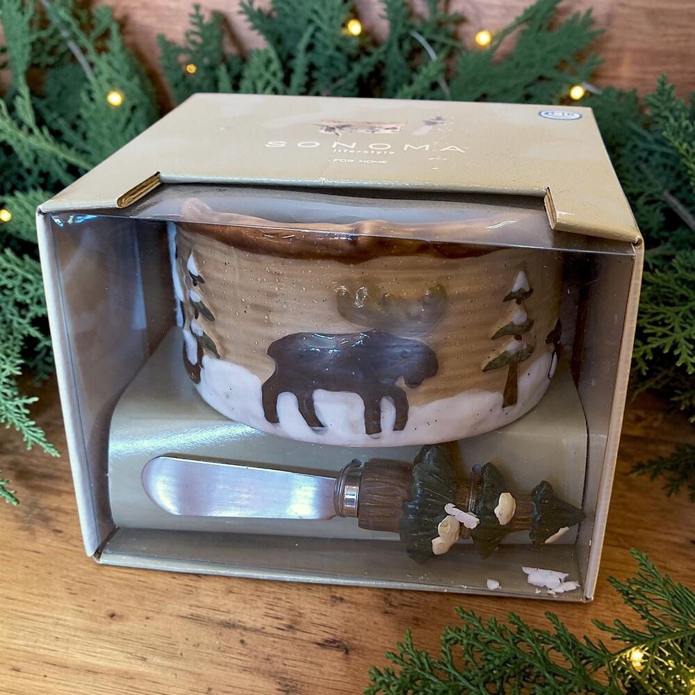 Sonoma Lodge Dip Mix Set Ceramic Moose Bowl with Pine Tree Spreader Boxed